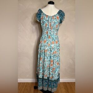 OSTOO Womens Short Sleeve Boho Floral Feminine Tiered Flowy Long Maxi Dress|SZ:M